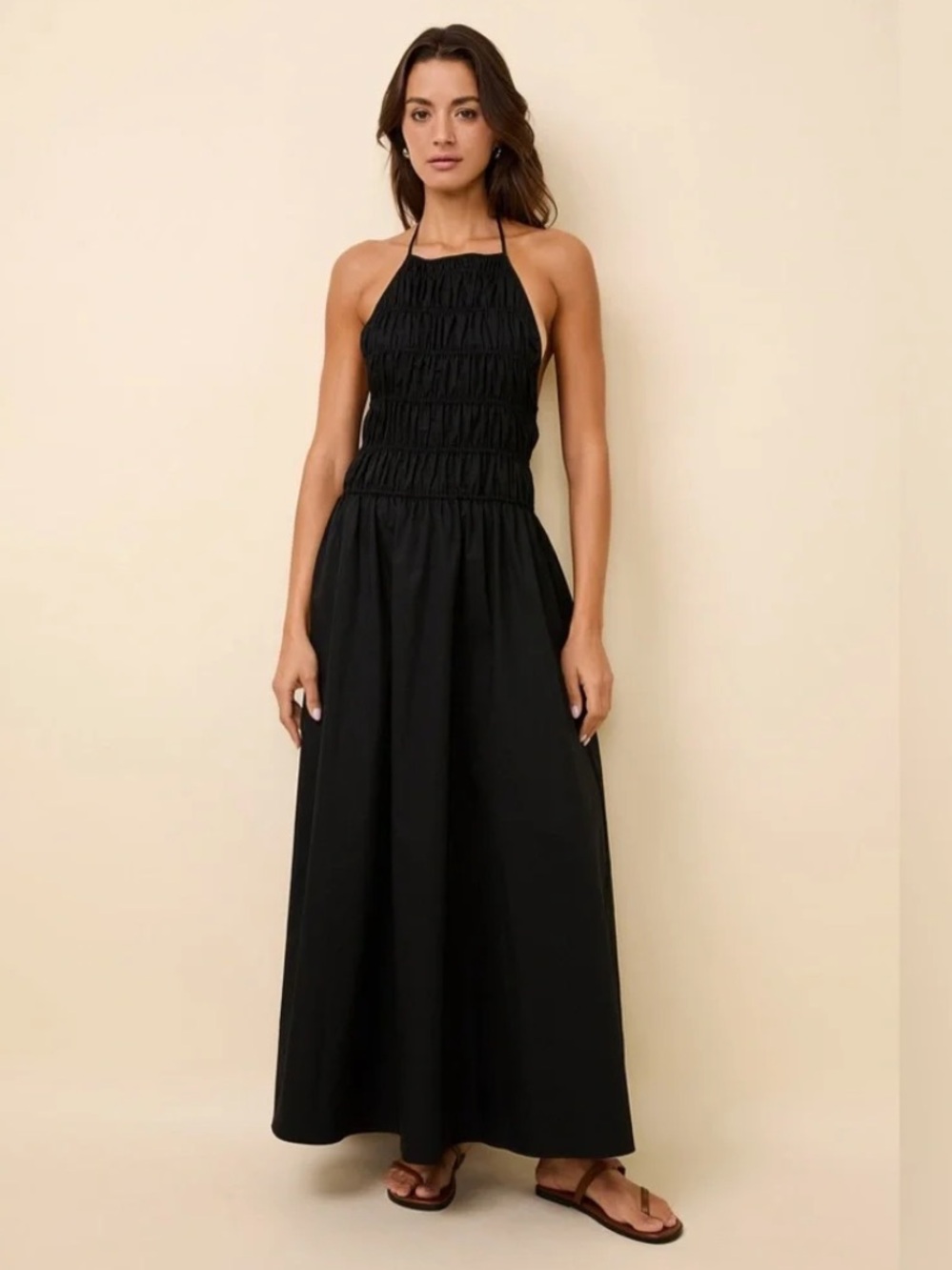 SOLID & STRIPED Meira Halter Maxi Dress Open Back Smocked Black Cotton Small